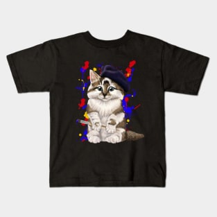 Artist cat - kitty in a beret with paintbrush Kids T-Shirt